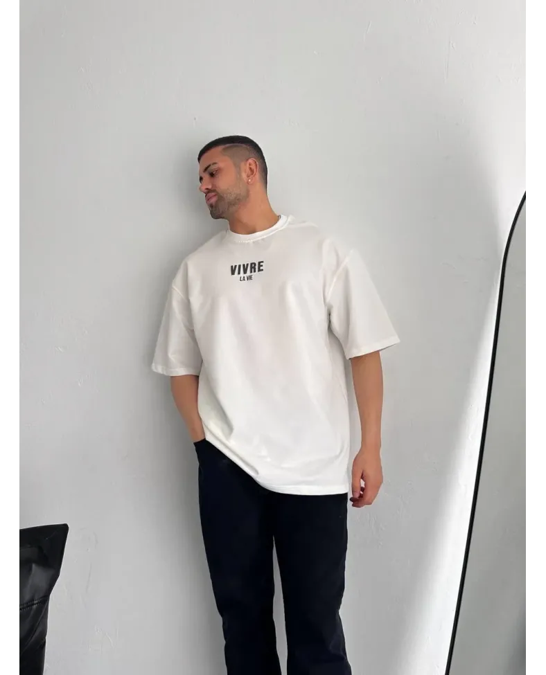 Erkek Baskılı Oversize Bisiklet Yaka T-shirt - Beyaz