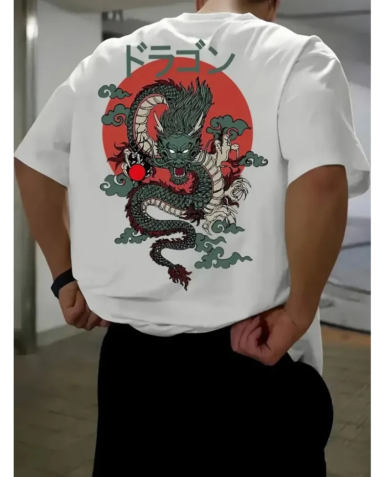 Erkek Penye Compack  Ejder Baskılı Oversize Bisiklet Yaka T-shirt - Beyaz