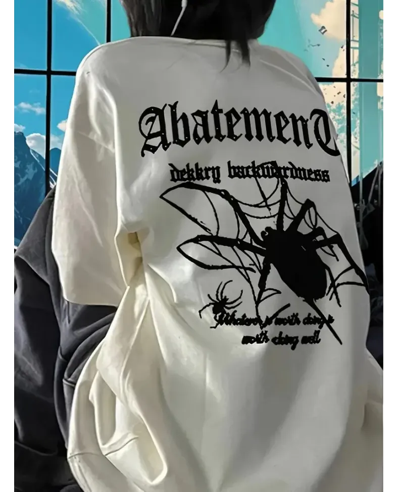 Örümcek Ağı Desenli Baskılı Oversize Bisiklet Yaka T-shirt - Beyaz