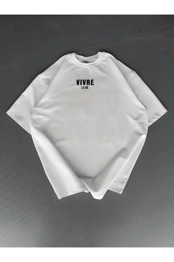 Erkek Baskılı Oversize Bisiklet Yaka T-shirt - Beyaz