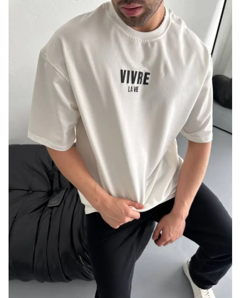 Erkek Baskılı Oversize Bisiklet Yaka T-shirt - Beyaz