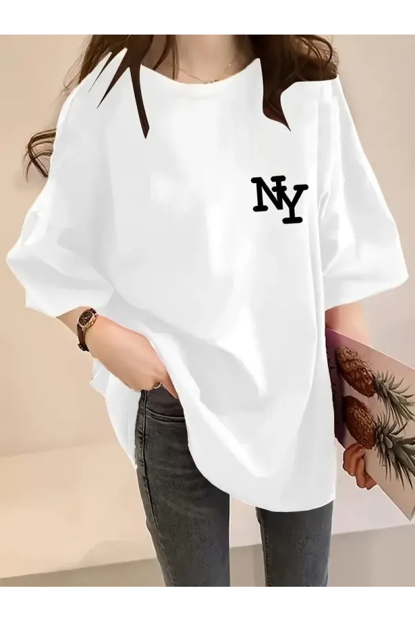 Kadın Eğlenceli Harf NY Baskılı Bisiklet Yaka Tişört - Polyester Makinede - Beyaz