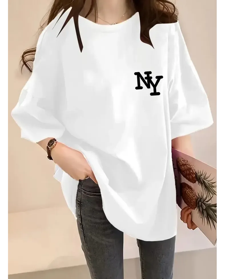 Kadın Eğlenceli Harf NY Baskılı Bisiklet Yaka Tişört - Polyester Makinede - Beyaz