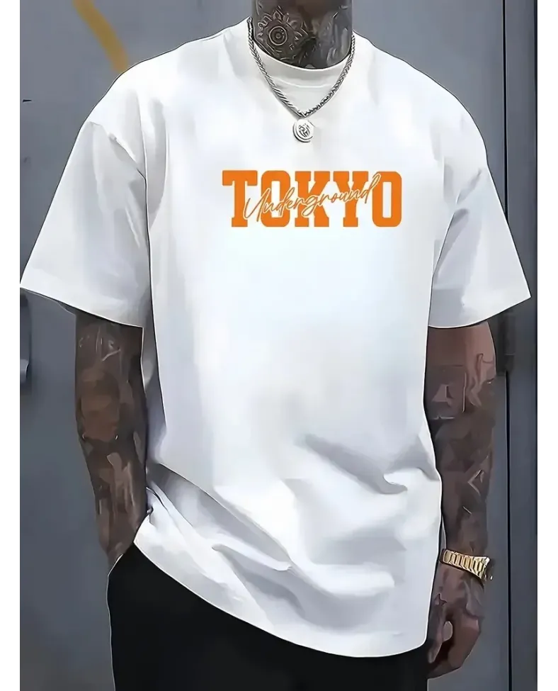 Erkek Turuncu Spor Araba Grafik Tişört - "TOKYO" Baskılı Oversize Kısa Kollu - Beyaz