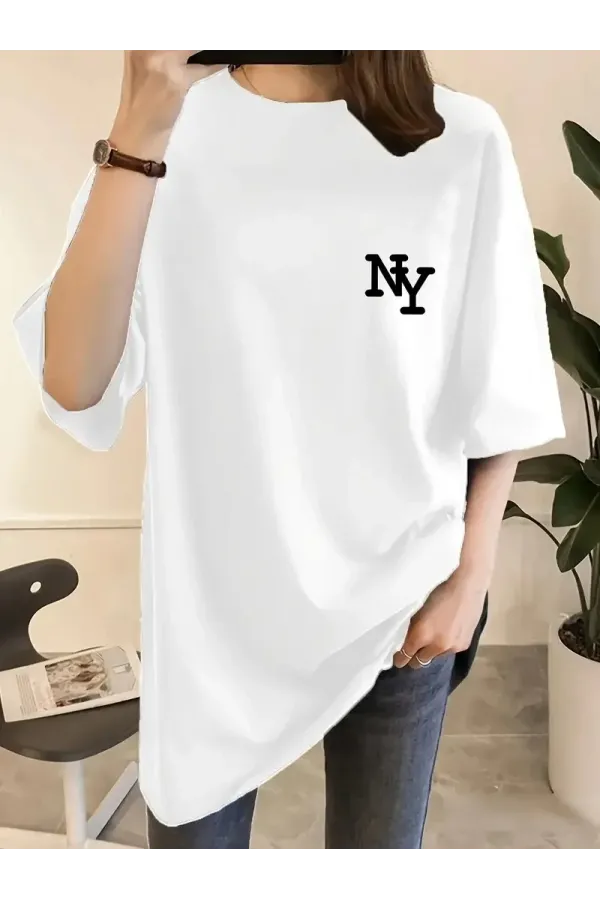 Kadın Eğlenceli Harf NY Baskılı Bisiklet Yaka Tişört - Polyester Makinede - Beyaz