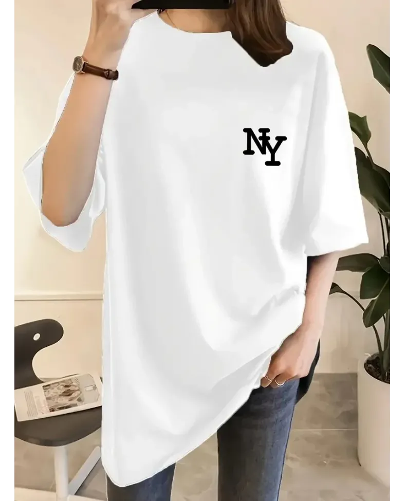 Kadın Eğlenceli Harf NY Baskılı Bisiklet Yaka Tişört - Polyester Makinede - Beyaz