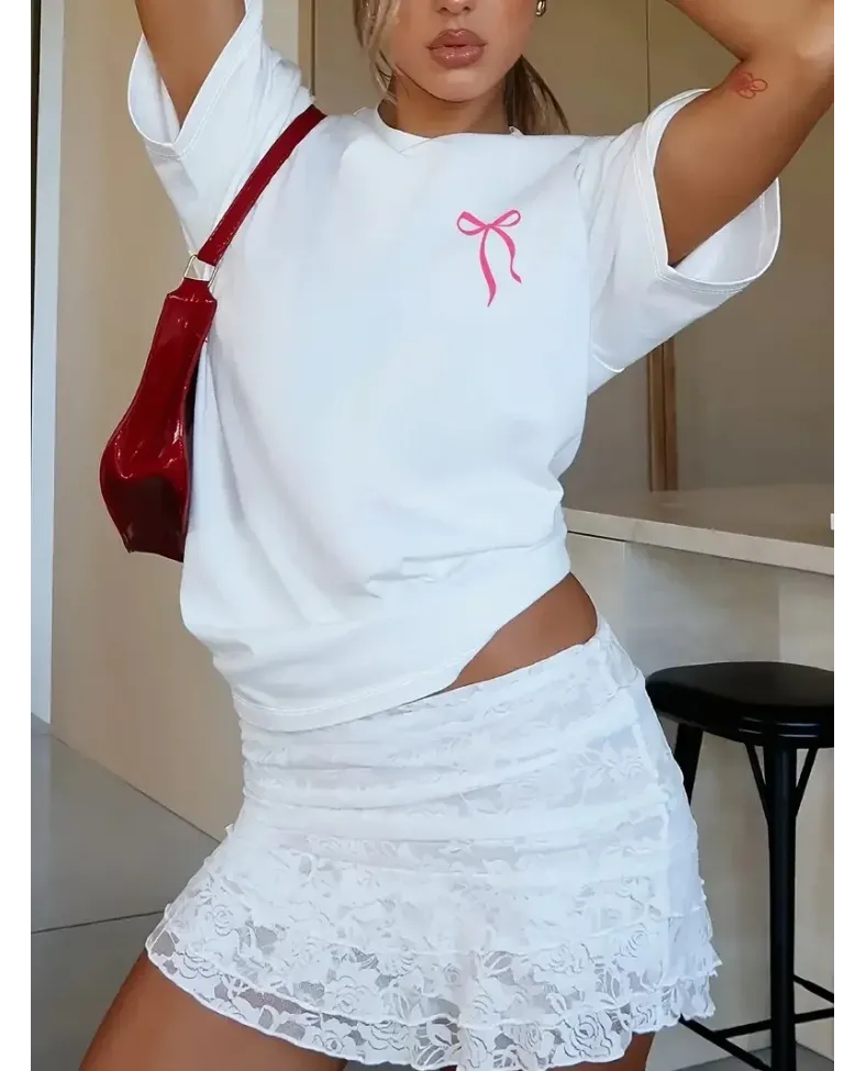 Kadın Fiyonk Baskılı Oversize Bisiklet Yaka T-shirt Yazlık - Beyaz