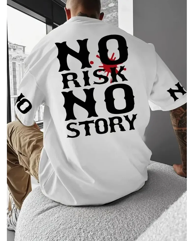 ERKEK No Risk No Story Baskılı Oversize Bisiklet Yaka - Beyaz