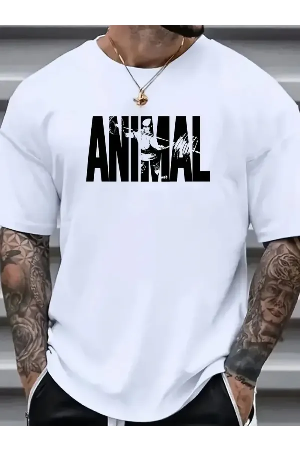 ANIMAL Desen Baskı Erkek Oversive Tişört Grafik Tişört Erkek Outdoor Kıyafetleri - Beyaz