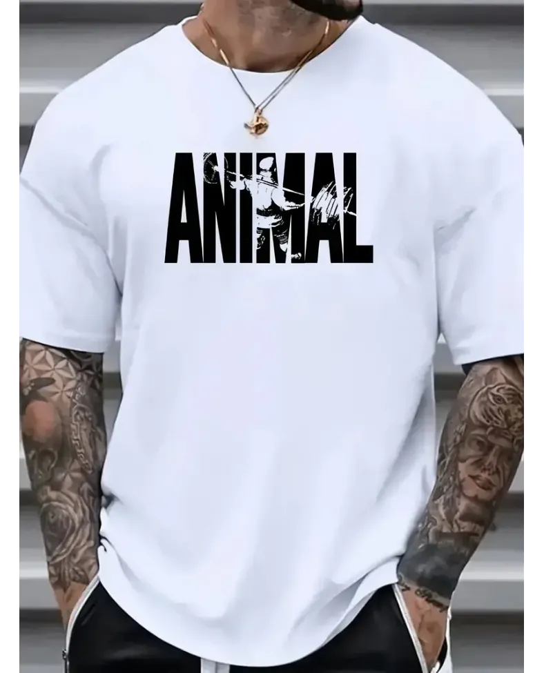 ANIMAL Desen Baskı Erkek Oversive Tişört Grafik Tişört Erkek Outdoor Kıyafetleri - Beyaz