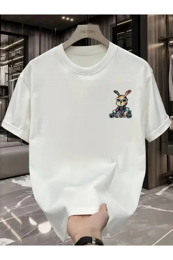 Güneş Gözlüğü Grafikli Karikatür Tavşan Oversize Kısa Kollu Tişört Çift Tişört - Beyaz
