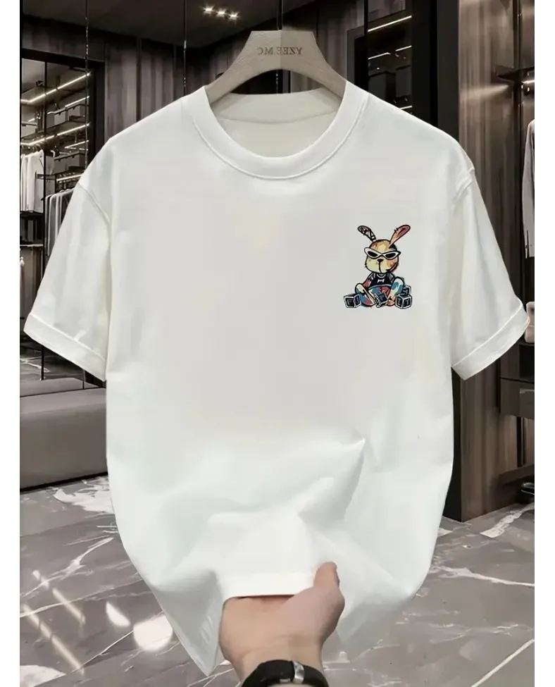 Güneş Gözlüğü Grafikli Karikatür Tavşan Oversize Kısa Kollu Tişört Çift Tişört - Beyaz