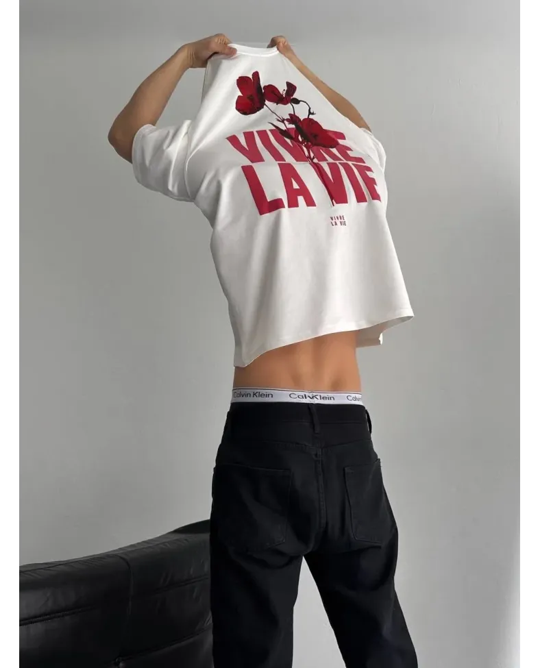 Erkek Baskılı Oversize Bisiklet Yaka T-shirt - Beyaz