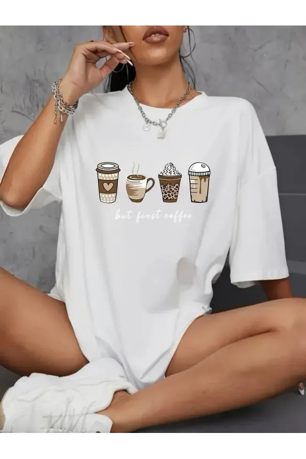 Kadın Penye Compack Baskılı  Kahve Desenli Kadın Kısa Kol T-shirt - Beyaz