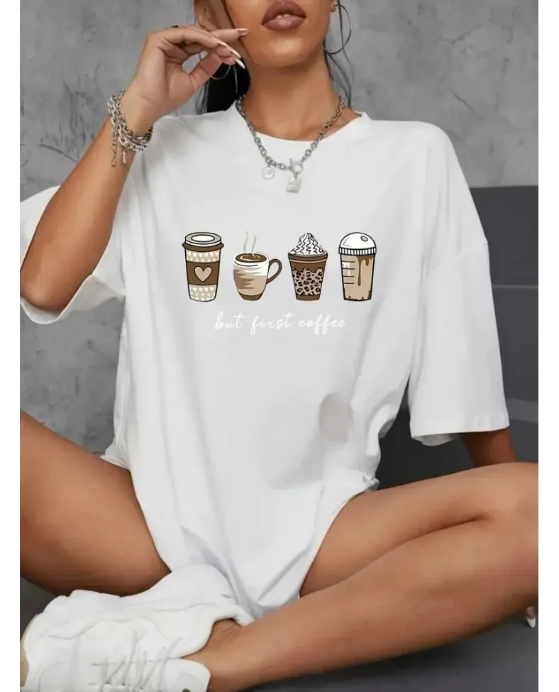 Kadın Penye Compack Baskılı  Kahve Desenli Kadın Kısa Kol T-shirt - Beyaz