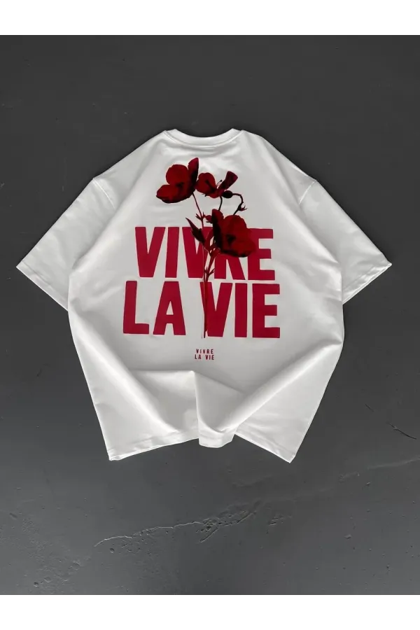 Erkek Baskılı Oversize Bisiklet Yaka T-shirt - Beyaz