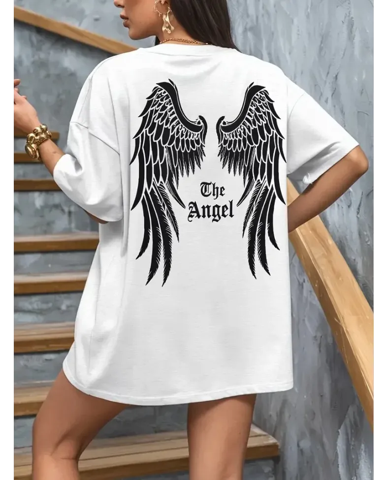 Kadın Penye Compack Dark Angel Baskılı Kısa Kol Yazlık T-shirt- Beyaz