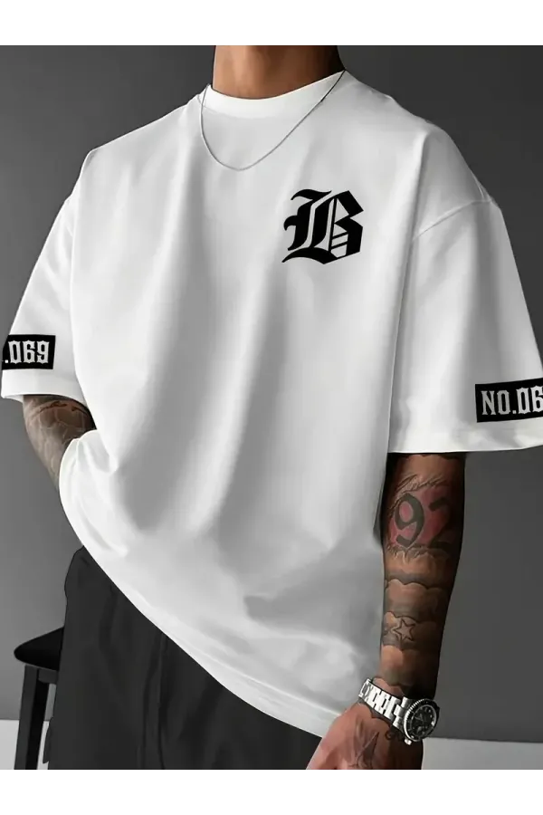 LB Baskılı Ön Arka Oversize Bisiklet Yaka Kısa Kol - Beyaz