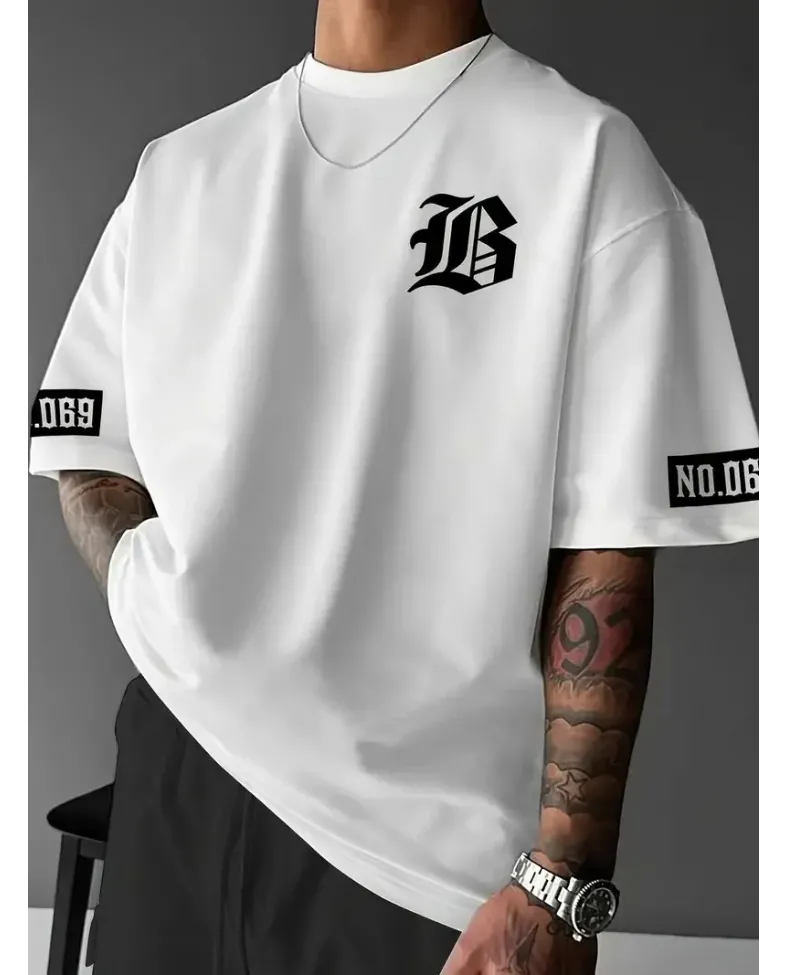 LB Baskılı Ön Arka Oversize Bisiklet Yaka Kısa Kol - Beyaz