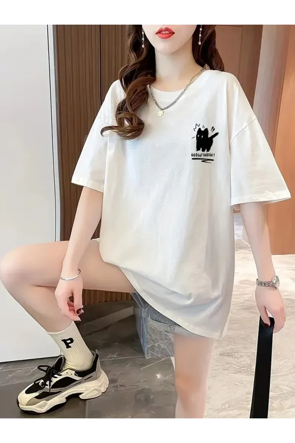 Kadın Penye Compack Tatlı Kedi Baskılı Bisiklet Yaka T-shirt - Beyaz