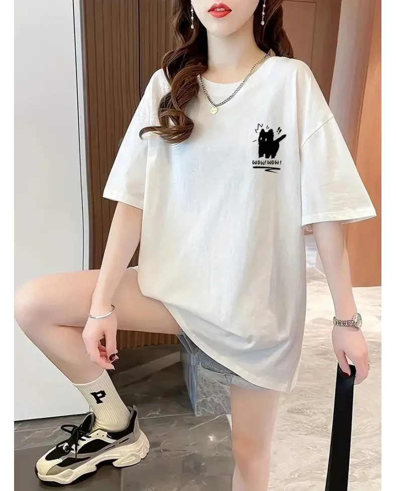 Kadın Penye Compack Tatlı Kedi Baskılı Bisiklet Yaka T-shirt - Beyaz