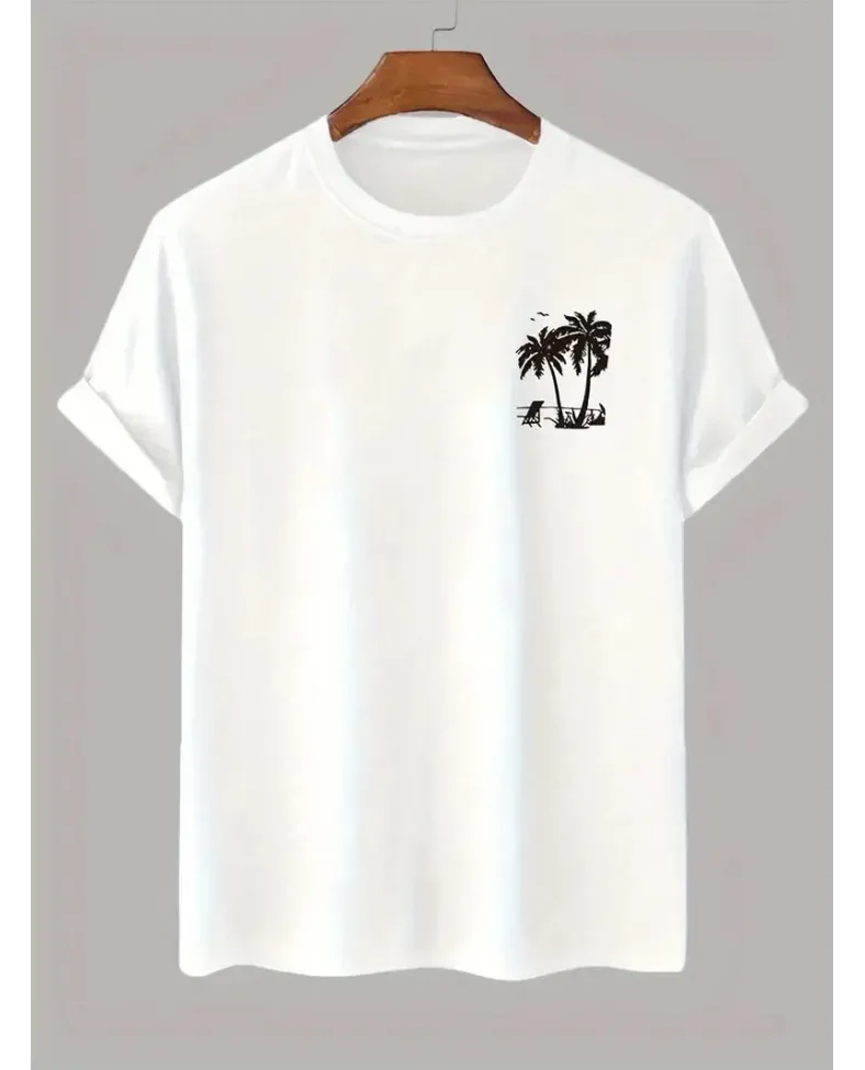 Erkek  Penye Compack Palmiye Baskılı Oversize Bisiklet Yaka Kısa Kol - Beyaz