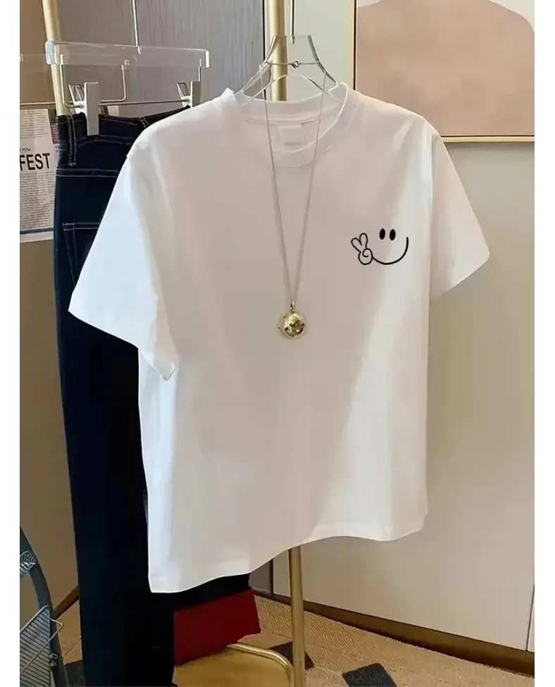 Kadın Bisiklet yaka Gülücük Baskılı Oversize Kısa Kol Yazlık T-shirt - Beyaz