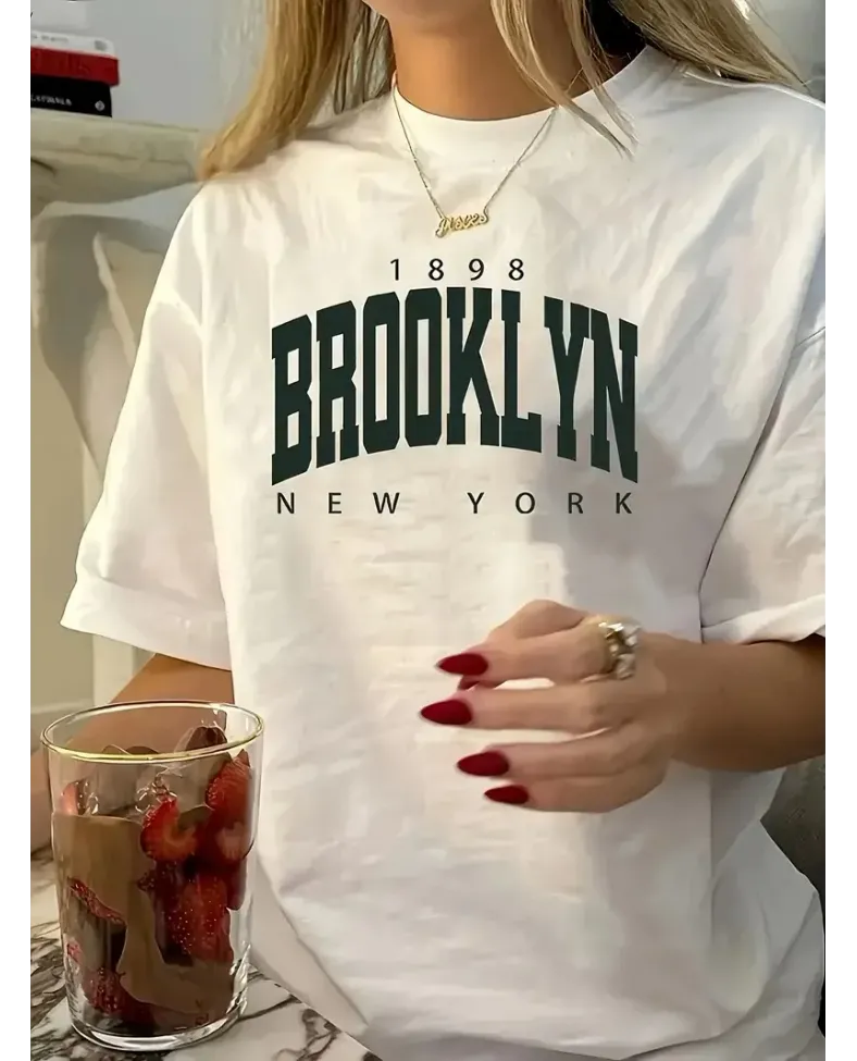 Kadın Brooklyn Harf Baskılı T-shirt, Rahat Kısa Kollu Bol T-shirt, Kadın Giyim - Beyaz