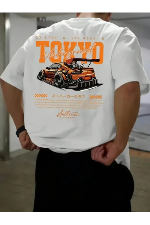 Erkek Turuncu Spor Araba Grafik Tişört - "TOKYO" Baskılı Oversize Kısa Kollu - Beyaz