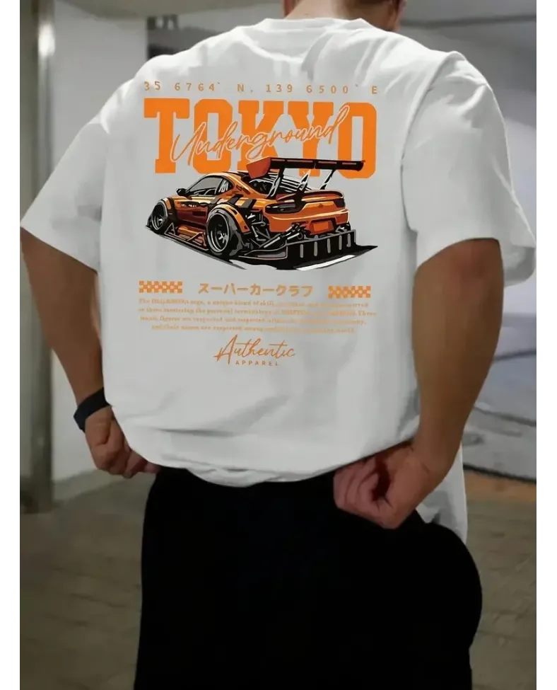 Erkek Turuncu Spor Araba Grafik Tişört - "TOKYO" Baskılı Oversize Kısa Kollu - Beyaz