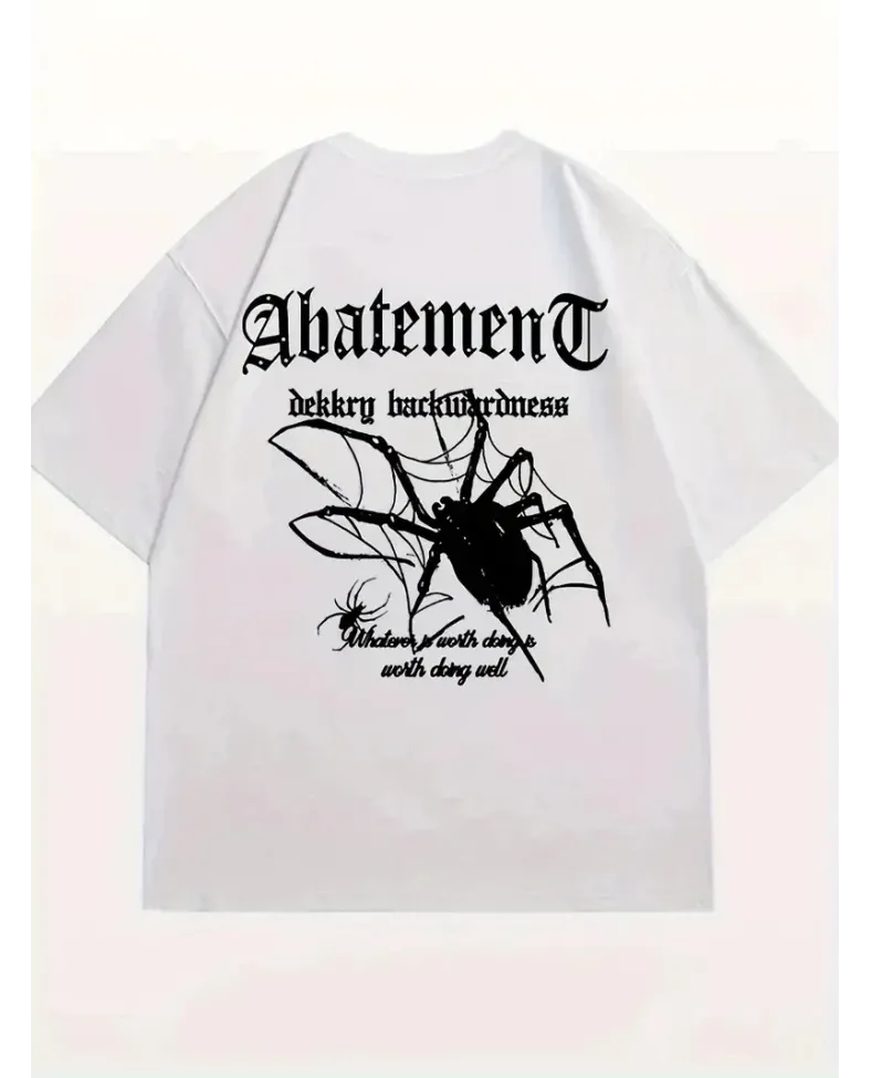 Örümcek Ağı Desenli Baskılı Oversize Bisiklet Yaka T-shirt - Beyaz