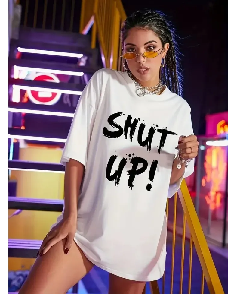 Kadın Penye Compack Beyaz Shut Up Kısa Kol Yazlık Tişört - Beyaz