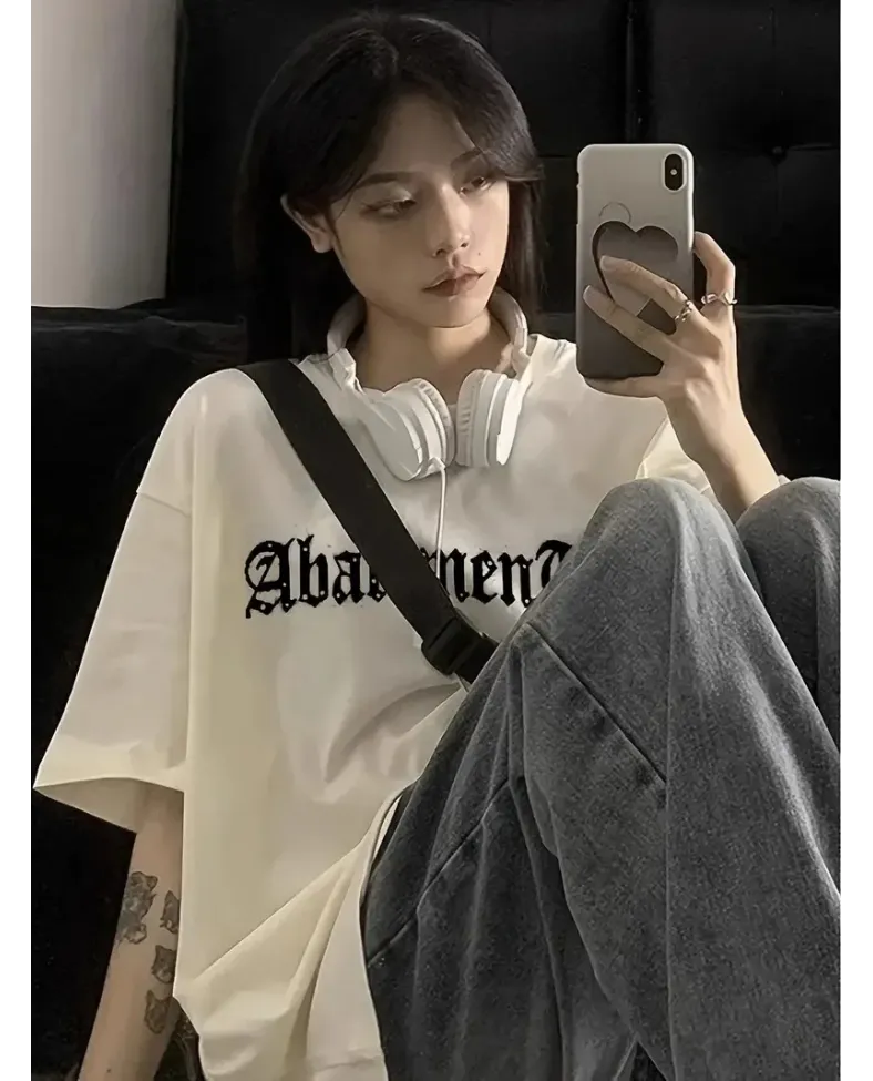 Örümcek Ağı Desenli Baskılı Oversize Bisiklet Yaka T-shirt - Beyaz