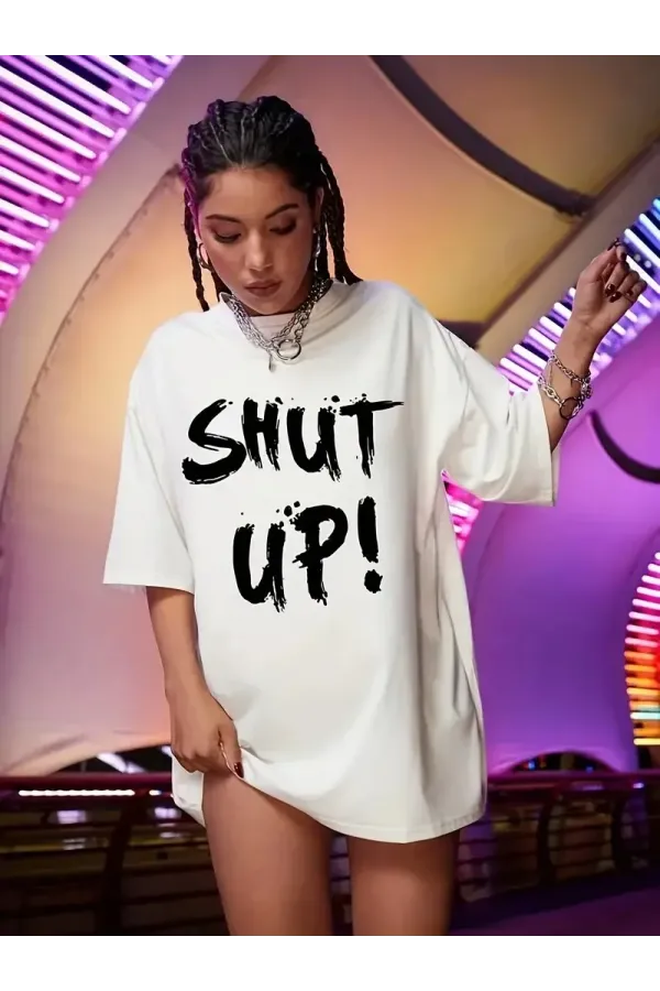Kadın Penye Compack Beyaz Shut Up Kısa Kol Yazlık Tişört - Beyaz