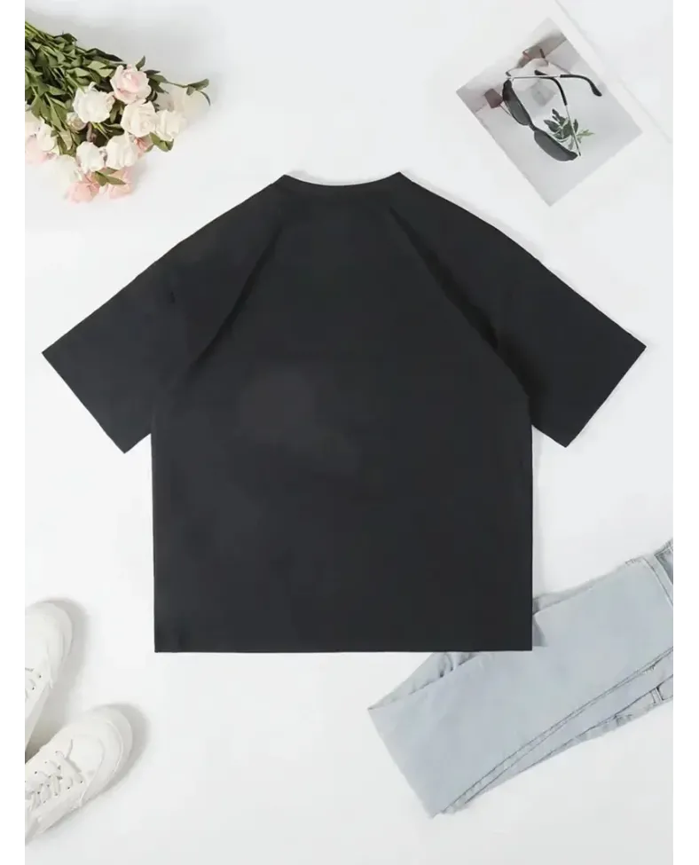 Ördek Baskılı ve Yuvarlak Yakalı Kadın Günlük Büyük Boy Siyah Tişört. - Siyah