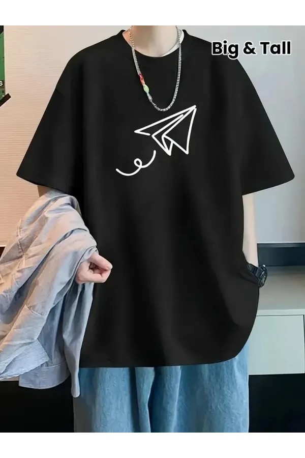 Kadın Penye Compack Uçak Baskılı Bisiklet Yaka Kısa Kol T-shirt - Siyah