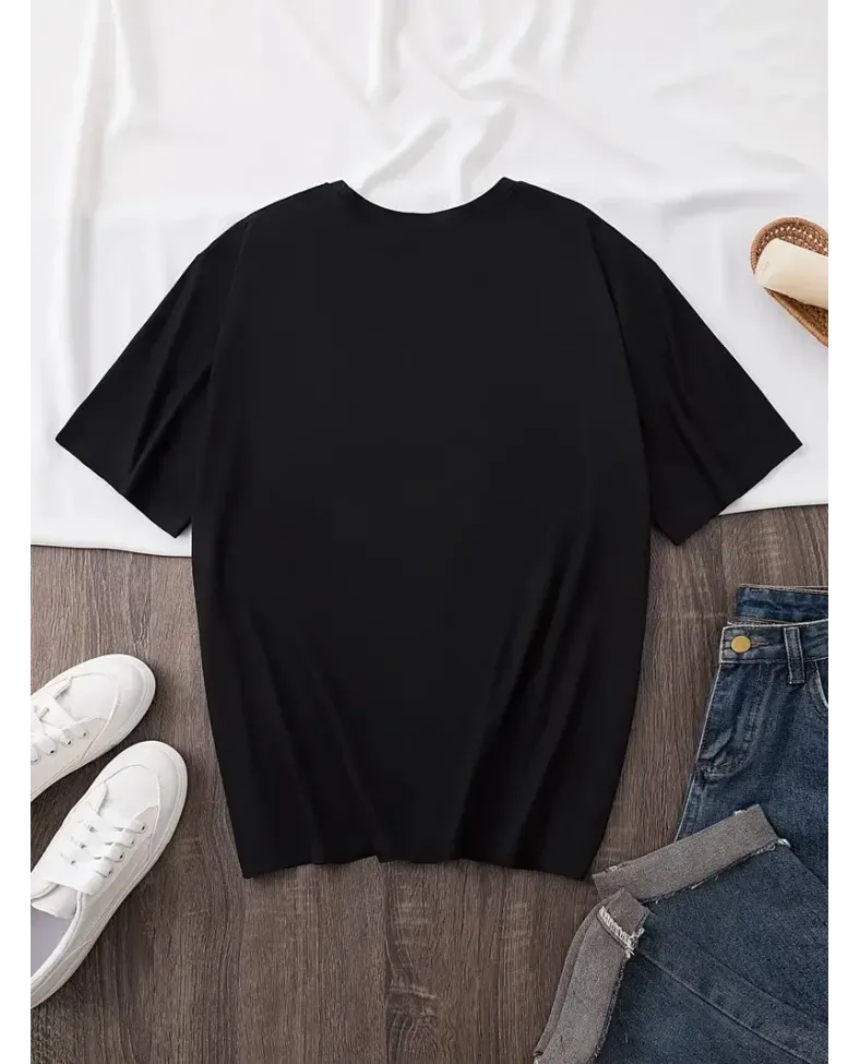 Kadın Penye Compack Baskılı Bisiklet Yaka Kısa Kol Yazlık T-shirt - Siyah