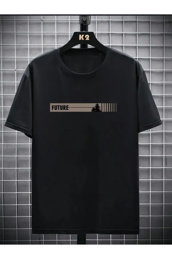 Erkek Penye Compack FUTRE Baskılı Kısa Kol Bisiklet Yaka T-shirt - Siyah