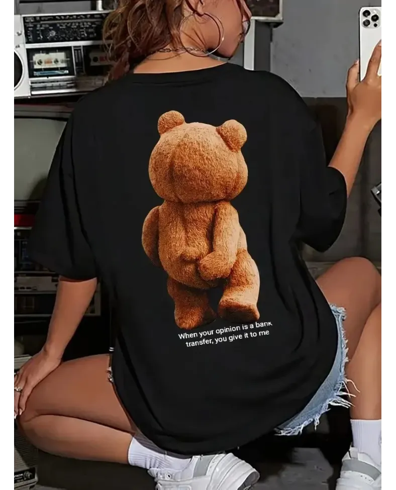 Büyük Boy Ayıcık Baskılı Bisiklet Yaka İlkbahar Yaz İçin Kısa Kollu Kadın Giyim - Siyah