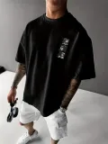 Benzersiz Sırt Baskılı Erkek Sokak Stili Bol Tişört - Nefes Alabilir Polyester - Siyah