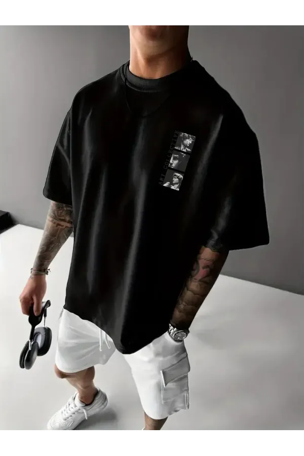 Benzersiz Sırt Baskılı Erkek Sokak Stili Bol Tişört - Nefes Alabilir Polyester - Siyah