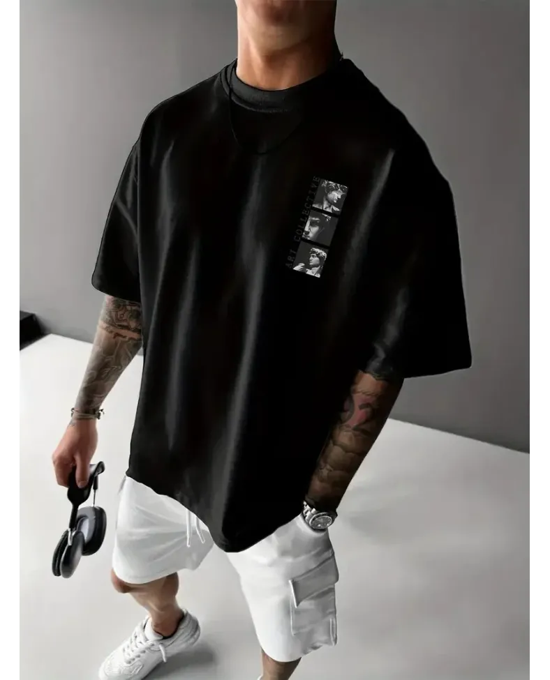Benzersiz Sırt Baskılı Erkek Sokak Stili Bol Tişört - Nefes Alabilir Polyester - Siyah