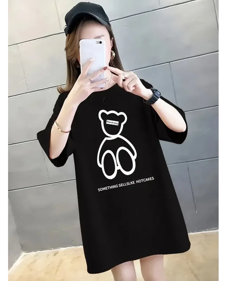 Kadın Penye Compack  Baskılı Oversize Bisiklet Yaka T-shirt - Siyah