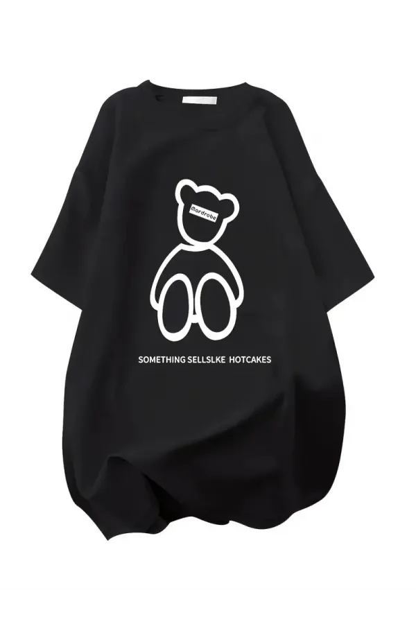 Kadın Penye Compack  Baskılı Oversize Bisiklet Yaka T-shirt - Siyah