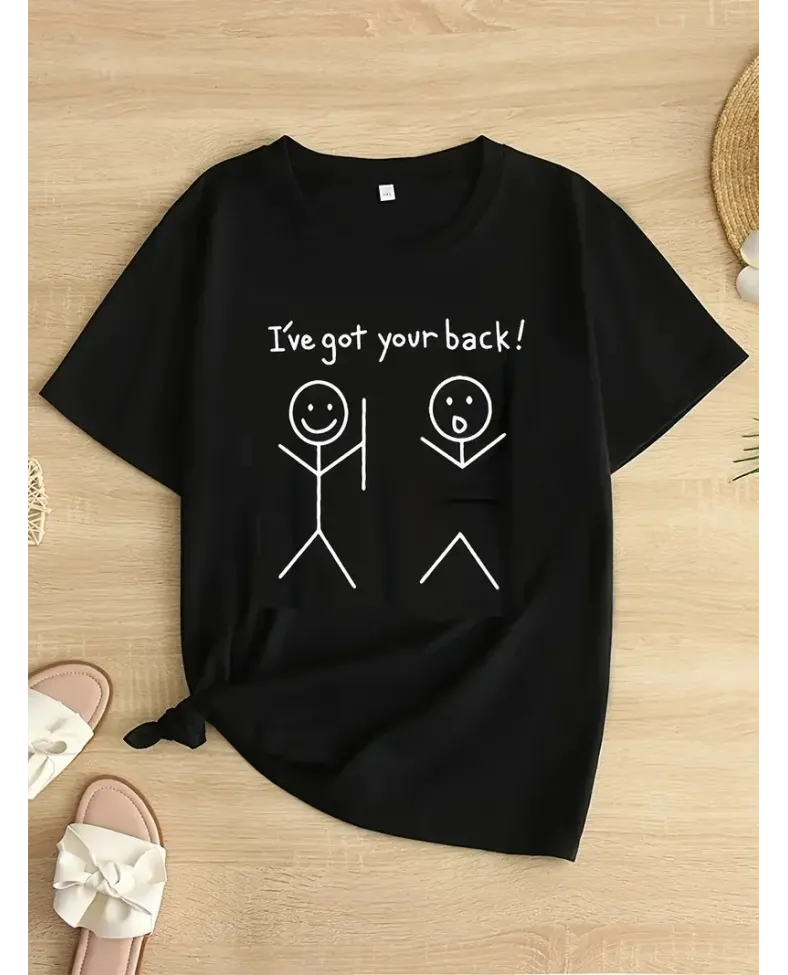 Kadın Beyaz "I've Got Your Back" Grafik Tişört - Eğlenceli Çubuk Tasarımlı - Siyah