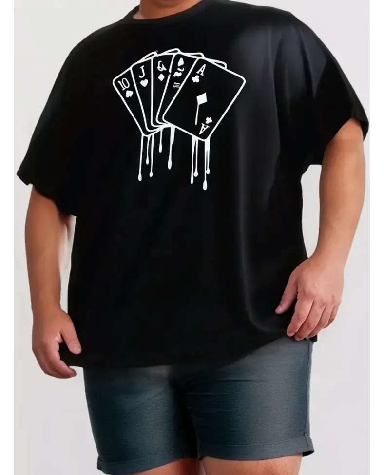 erkek büyük beden Kart baskılı düz renk kısa kollu bisiklet yaka tişört gündelik giyim - Siyah