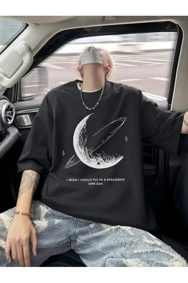 Erkekler için Siyah Tişört Grafik Genç Emo Vintage Gotik Büyük Beden Kısa Kollu - Siyah