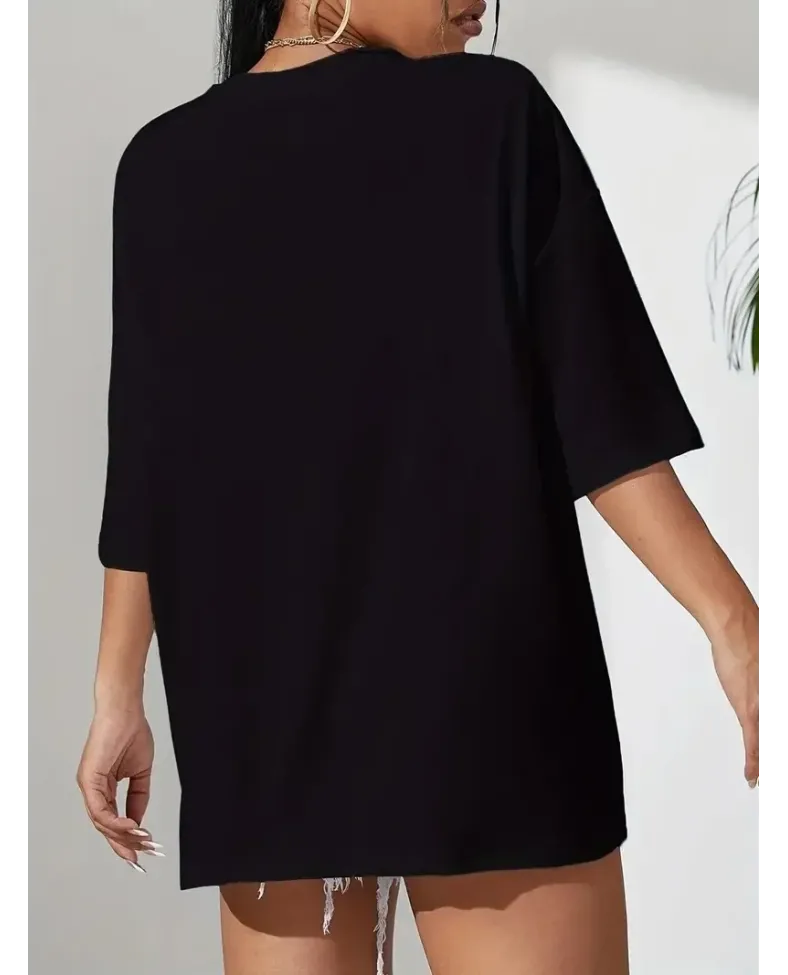 Kadın Penye Compack Classical Baskılı Siyah Oversize Tişort - Siyah