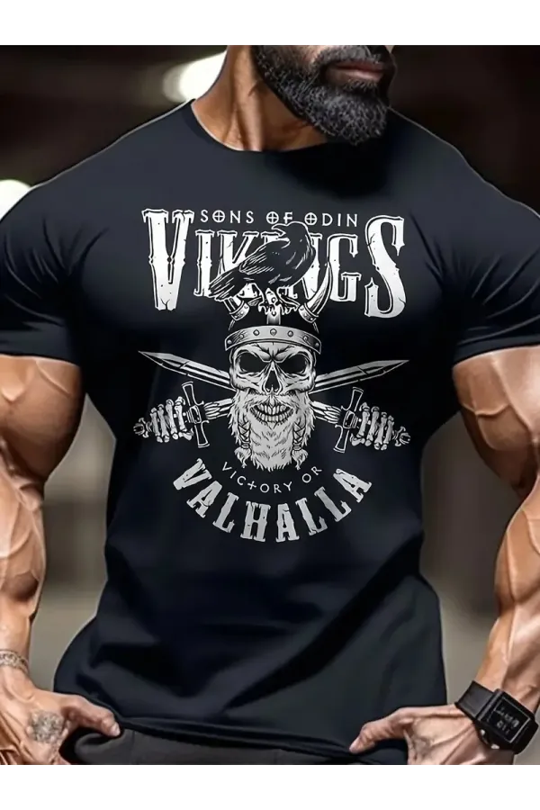 Erkek Penye Compack Vikings Valhalla Baskılı Bisiklet Yaka T-shirt - Siyah