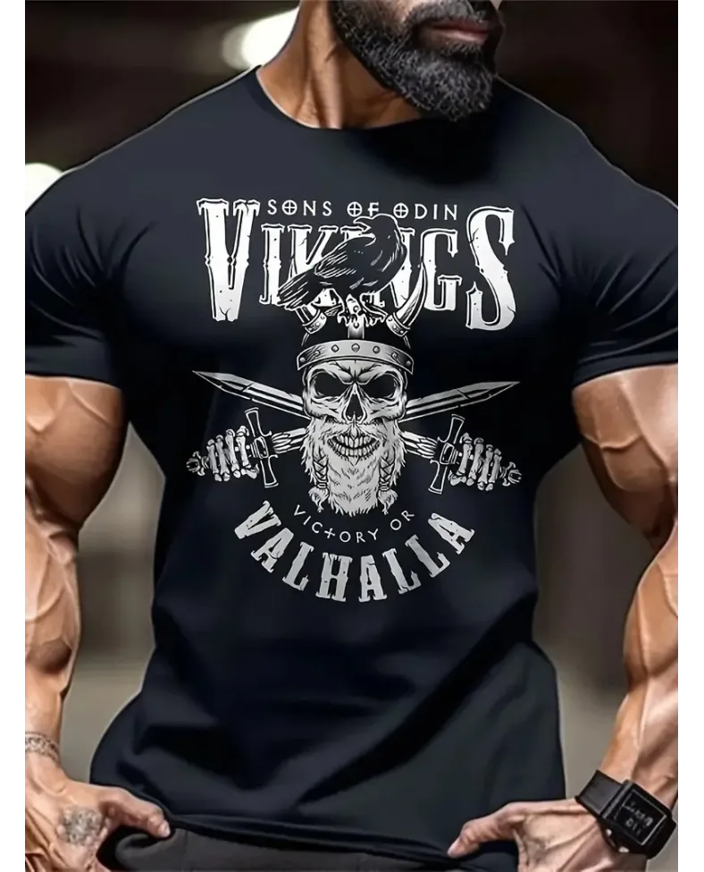 Erkek Penye Compack Vikings Valhalla Baskılı Bisiklet Yaka T-shirt - Siyah